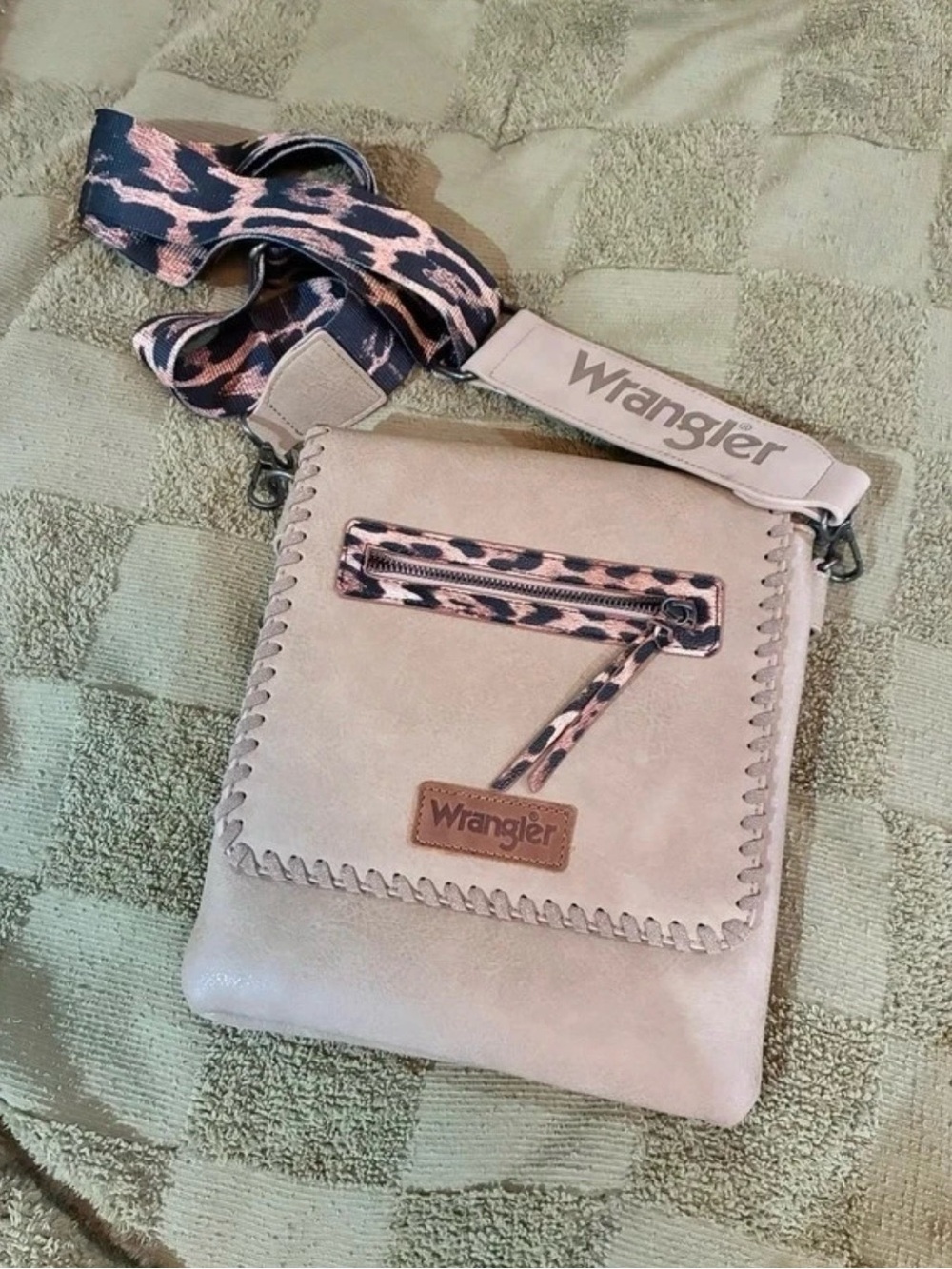 Wrangler Taupe Crossbody Bag with Leopard-Print Strap